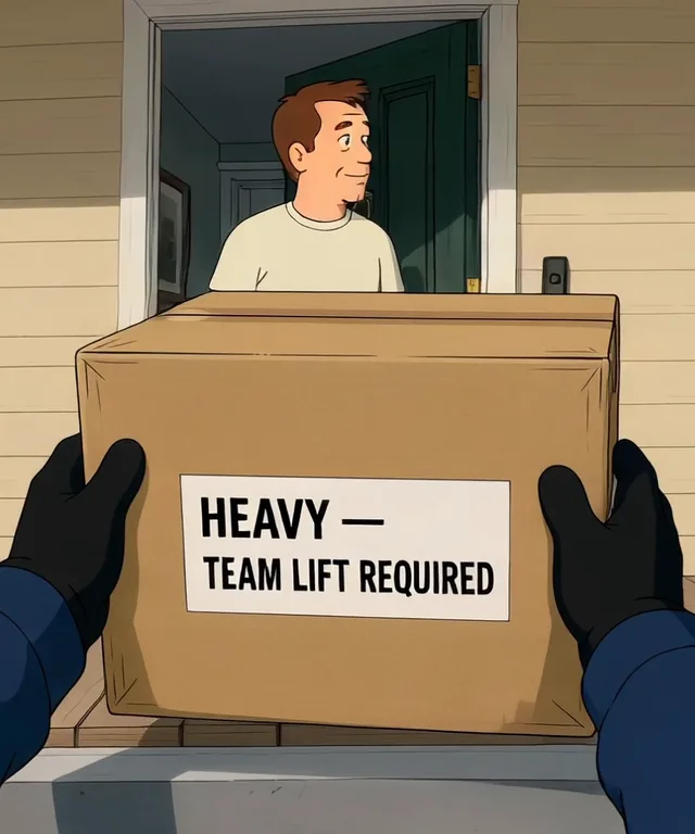 Still from Day in the Life, seen through Frank's eyes: his gloved hands hold out a big box labeled Heavy, team lift required, to a smiling customer at his front door.