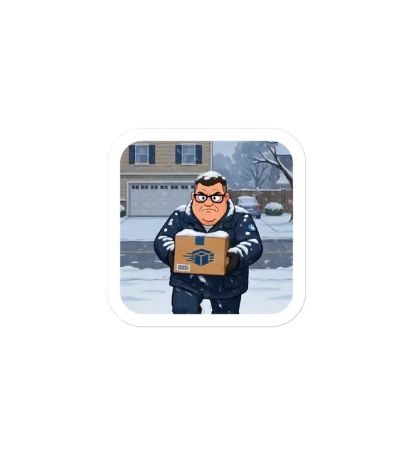 Frank Seasons sticker: a snowed-on, unhappy Frank carrying a package up a wintry street, with a rounded white border.