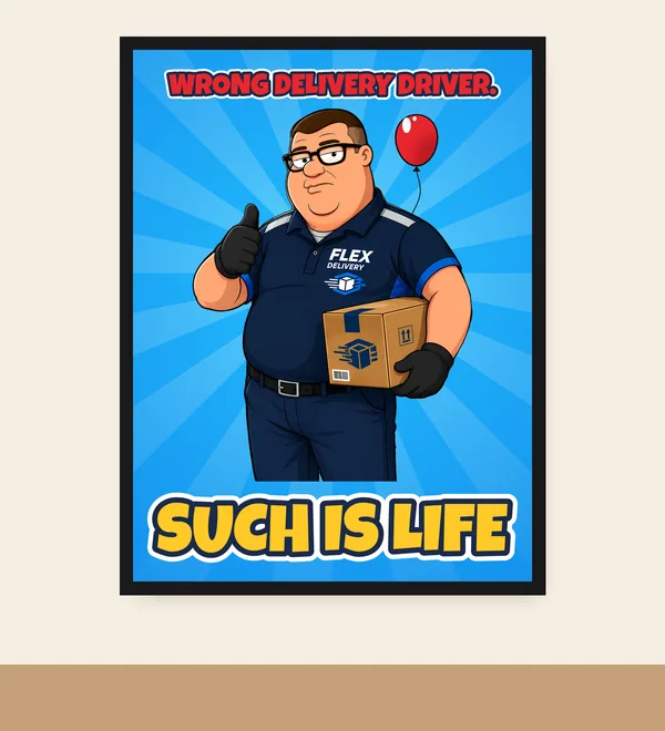 WRONG DELIVERY DRIVER. 18 by 24 inch poster: Frank with a thumbs-up and a package on a bright blue sunburst, a small red balloon beside him, with SUCH IS LIFE in big yellow letters at the bottom.